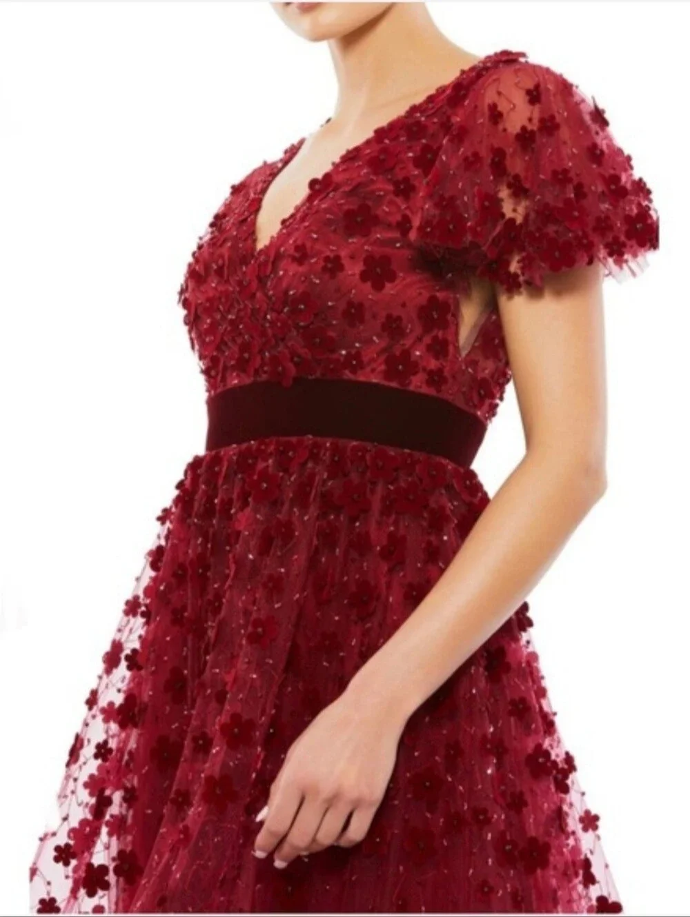 MAC DUGGAL Floral Appliqué Cocktail Midi Dress Burgundy NEW Size 6 Velvet
